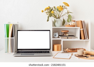 Empty Laptop Screen, Desktop Organizer With Desk Shelves And Office Supplies. Back To School, Home Office, Begining Of Studies Concept. Mockup, Template