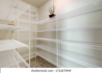 Empty Large Pantry Interior With Lots Of Shelves.