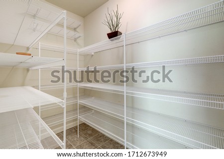 Empty large pantry interior with lots of shelves.