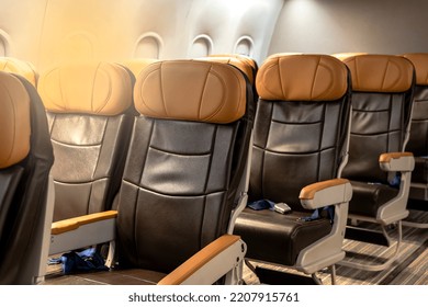 Empty Leather Seat Rows On Airplane, Airline Business Concept