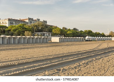 Empty Lido Resort Beach Huts In Autumn, Venice, Italy.