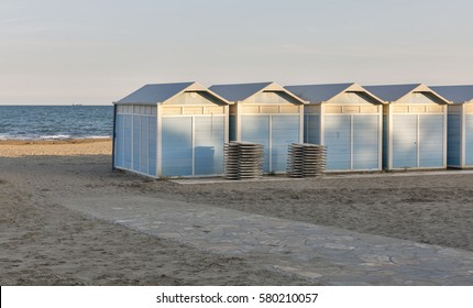 Empty Lido Resort Beach Huts In Autumn, Venice, Italy.