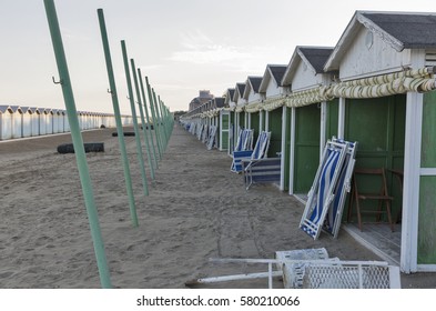 Empty Lido Resort Beach Huts In Autumn, Venice, Italy.