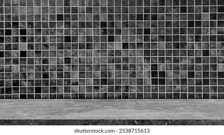empty light grey marble table top in foreground with square grey, black mosaic tile at background. counter bar scene can be used for display or montage products. mockup of table top, kitchen counter.