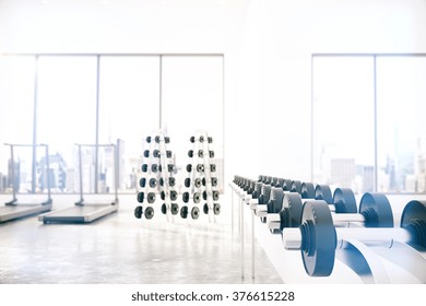 Empty Light Gym Room With Gym Interior With Dumbbells And Treadmills 3D Render