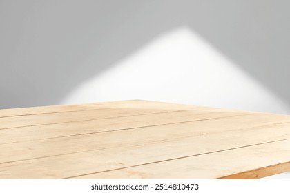 Empty light table close up on light wall texture background with shadows on background. Mockup for presentation, product branding, cosmetics, food or jewelry to showcase your product.