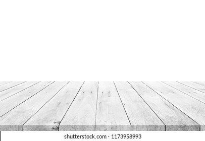 Leerer hellweißer Holztisch einzeln auf weißem Hintergrund