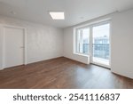 Empty Living Room or Bedroom Interior. White Walls Room Corner and Window. Interior with Empty Room White Walls and Wooden Floor. Wide Angle