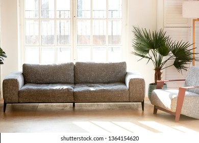 Empty Living Room With Comfortable Couch Armchair Grey Colour Furnishing, Plant In Pot, Day Sunlight Through White Frame Window No People. New First Home, Loan Mortgage, Cozy Furniture Store Concept