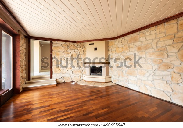 Empty Living Room Parquet Fireplace Windows Stock Photo Edit Now