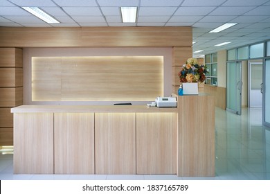 Empty Lobby Counter Section In Hospital Healthcare Background With Clean And Clear Interior Design