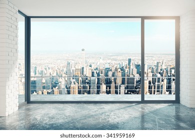 Empty Loft Room With Big Window In Floor And City View 3D Render