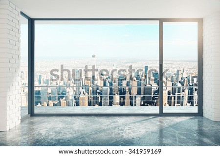 Empty loft room with big window in floor and city view 3D Render