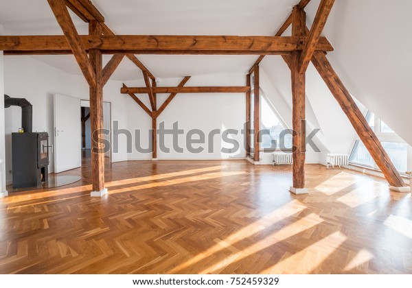 Empty Loft Room Fireplace Wooden Beams Stock Photo Edit Now
