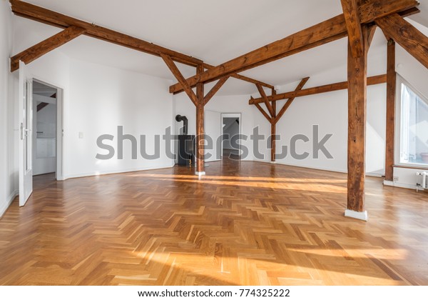 Empty Loft Room Fireplace Wooden Beams Interiors Stock Image