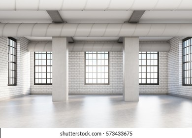 Empty Loft Room With White Brick Walls, Columns And Pipes Near The Ceiling. Concept Of A Comfortable Office. 3d Rendering. Mock Up.