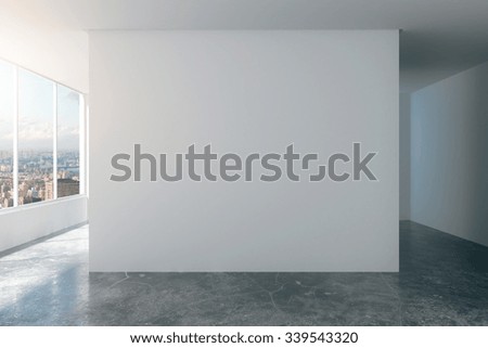 Empty loft room with white walls, city view and concrete floor 3D Render