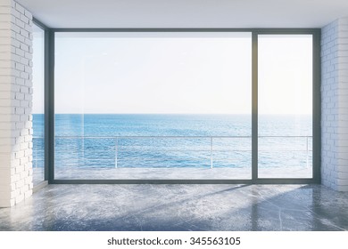 Empty loft style with concrete floor and ocean view 3D Render
