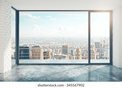 Empty loft style room with concrete floor and city view 3D Render