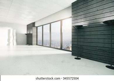 Empty loft style room with windows in floor, white floor and city view 3D Render