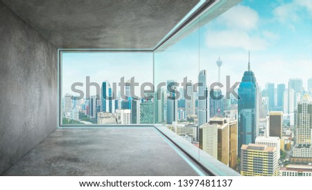 Empty loft unfurnished contemporary interior office with city skyline and buildings city from glass window .