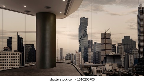 Empty Loft Unfurnished Modern Interior Office With City Skyline And Buildings City From Frameless Glass Window