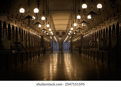 Empty, long hall with lights inside Cloth Hall (Sukiennice) in Krakow