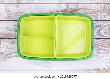 Empty Lunch Box On Wooden Table, Top View