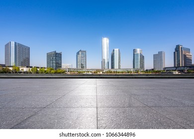 empty marble floor with panoramic cityscape