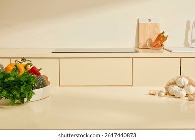 Empty marble kitchen counters used to place products. Fresh vegetables are placed on white round plates and some garlic bulbs are randomly placed on the table. Kitchen Interior Background.