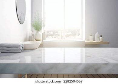 Empty marble table top with blurred bathroom interior background  - Shutterstock ID 2282504569