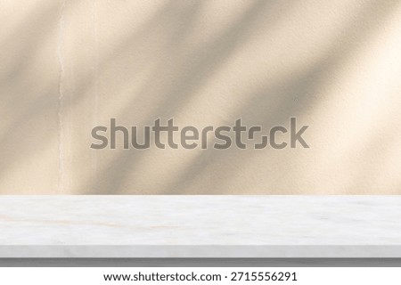 Empty marble table top on white wall texture with tree leaves shadow background