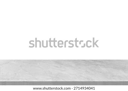 Empty marble tabletop with white background for product display, kitchen countertop mockup, natural stone texture, minimalist presentation, template for advertising or food showcase