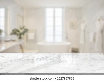 Empty marble top table with blurred bathroom interior Background. for product display montage - Shutterstock ID 1627957933