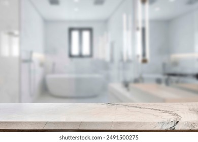 Empty marble top table with blurred bathroom interior Background. for product display. - Powered by Shutterstock