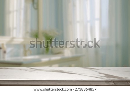Empty marble top table with blurred bathroom interior Background. for product display