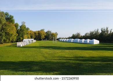 Empty Market Stalls. Outdoor Market. Food Event. Food Fair. Festival. Food Market Festival In A Park. Preparation For The Opening Of The Market