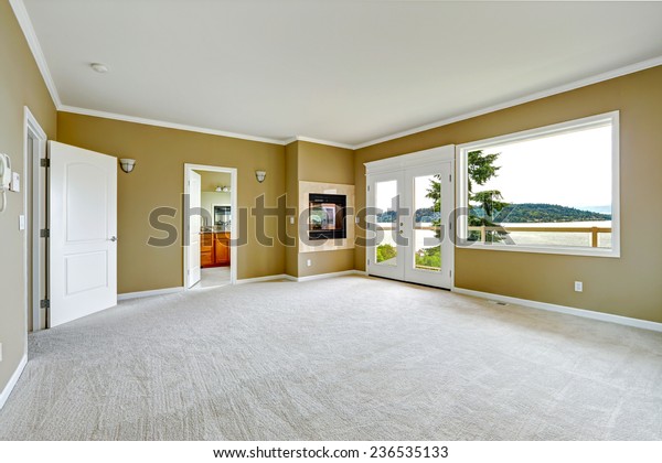 Empty Master Bedroom Walkout Deck Fireplace Stock Photo