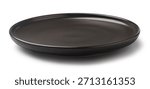 empty matte black ceramic plate isolated white background, mockup template for food photography with realistic shadow, side view with copy space