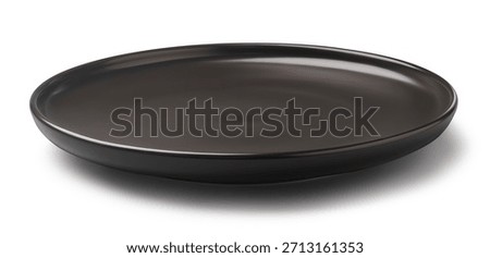 empty matte black ceramic plate isolated white background, mockup template for food photography with realistic shadow, side view with copy space
