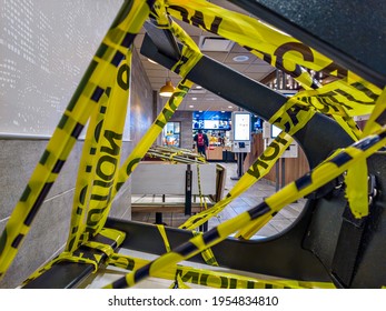 Empty McDonald's Restaurant, Indoor Dining Restrictions In New York City, Seating Space Covered By Yellow Tape, In The Bronx, New York, United States 4.12.2021