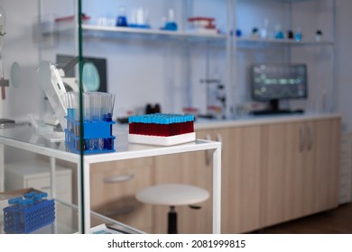 Empty Medical Neurological Laboratory With Nobody In It With Professional Modern Equipment Ready For Neuroscience Experiment. Lab With Brain Research On Monitor. Medicine Industry With High Tech