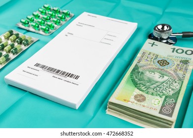 empty medical prescription with money, blisters of pills and stethoscope [barcode is a fake]