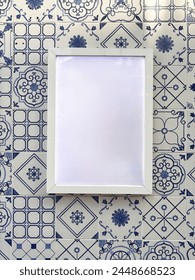 Empty menu board, poster, copy space on Portuguese vector Azulejo wall