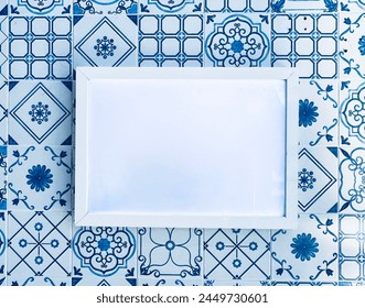 Empty menu board, poster, copy space on Portuguese vector Azulejo wall