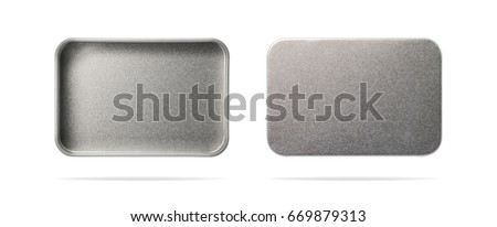 Empty metal box isolated on white background. Steel container or accessory package for your design. ( Clipping path or cut out object for montage ) Can put text, image, and logo.