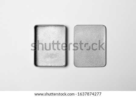 Empty Metal Box Mock up isolated on white background. Steel container or accessory package for your design.High resolution photo.Top view