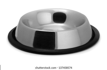 Empty Metal Pet Bowl Isolated On White