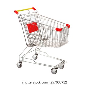 Empty Metal Retail Purchases Shopping Cart From The Supermarket On Four Wheels At The White Background