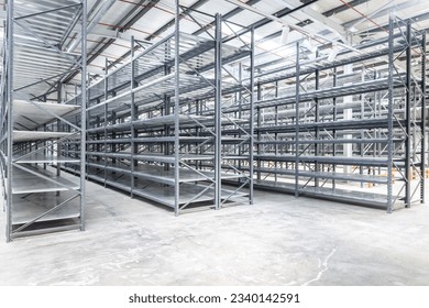 Empty metal shelving in a warehouse - Shutterstock ID 2340142591